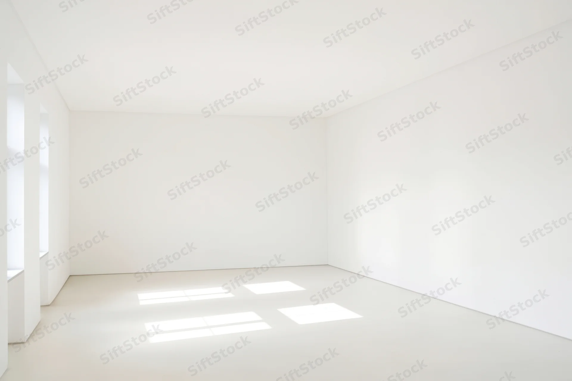 Empty minimalist white room with natural light and copyspace on floor