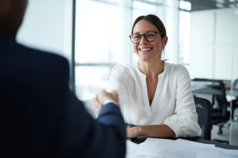 Woman in white blouse smiling while shaking hands at office desk