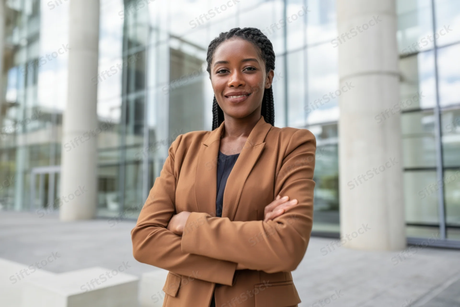 Woman in brown blazer with arms crossed standing outside modern glass building
