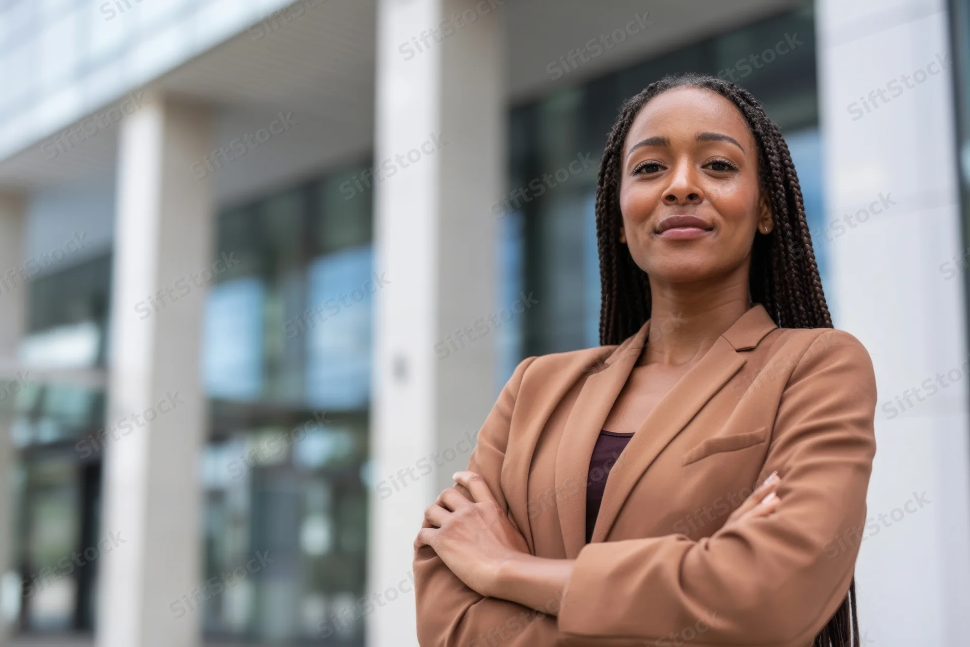 Woman with braided hair standing with arms crossed outside modern office building