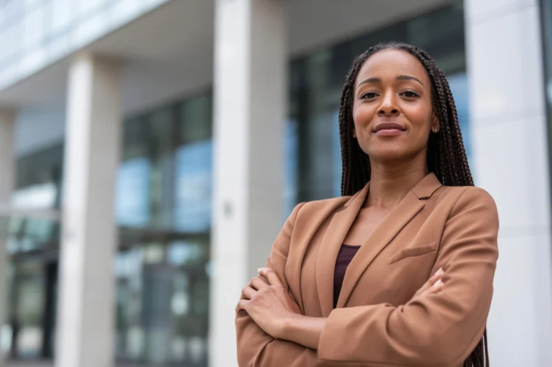 Woman with braided hair standing with arms crossed outside modern office building