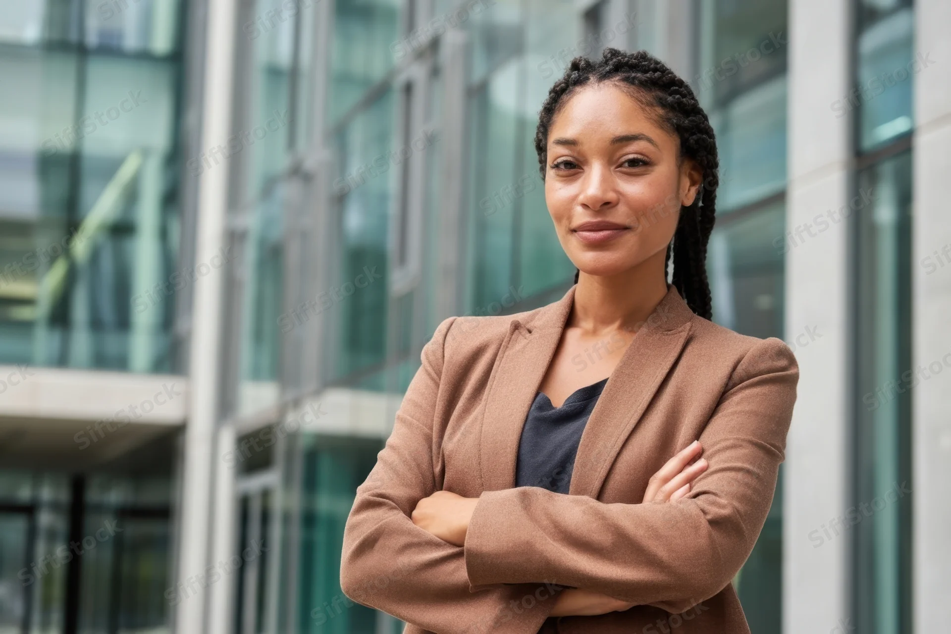 Woman with arms crossed standing in front of modern glass building