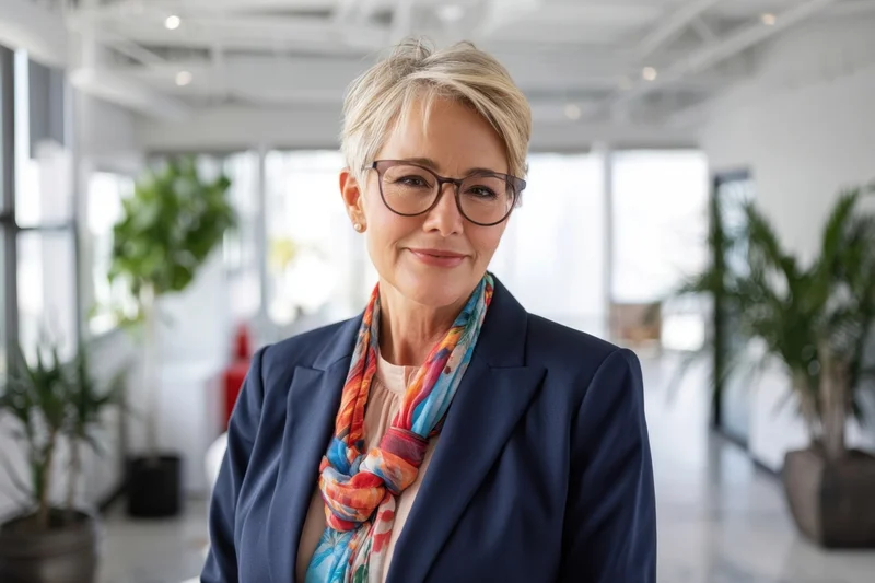 Professional woman in navy blazer and colorful scarf smiling in modern office space