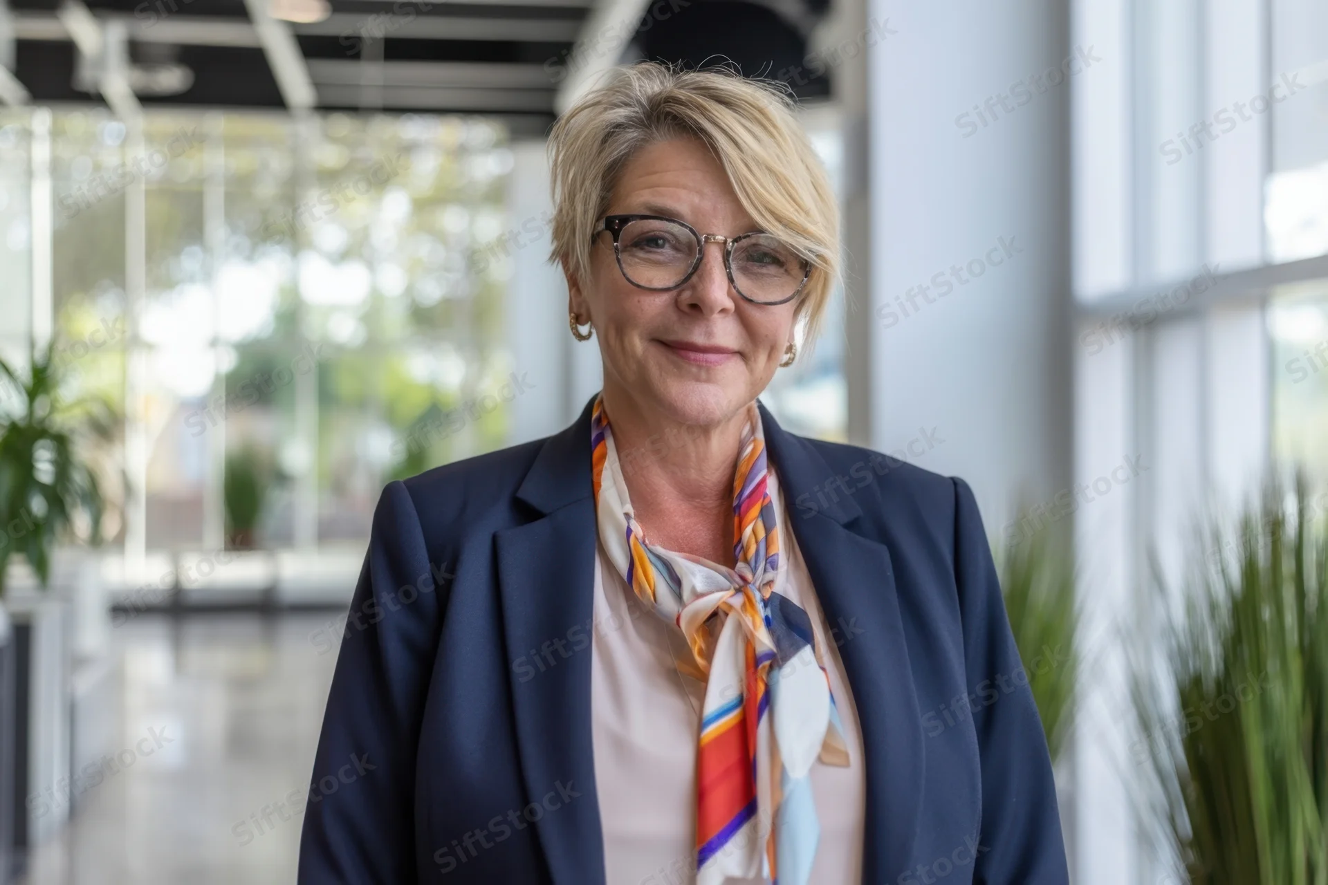 Woman in navy blazer and colorful scarf standing in modern office hallway with plants and windows