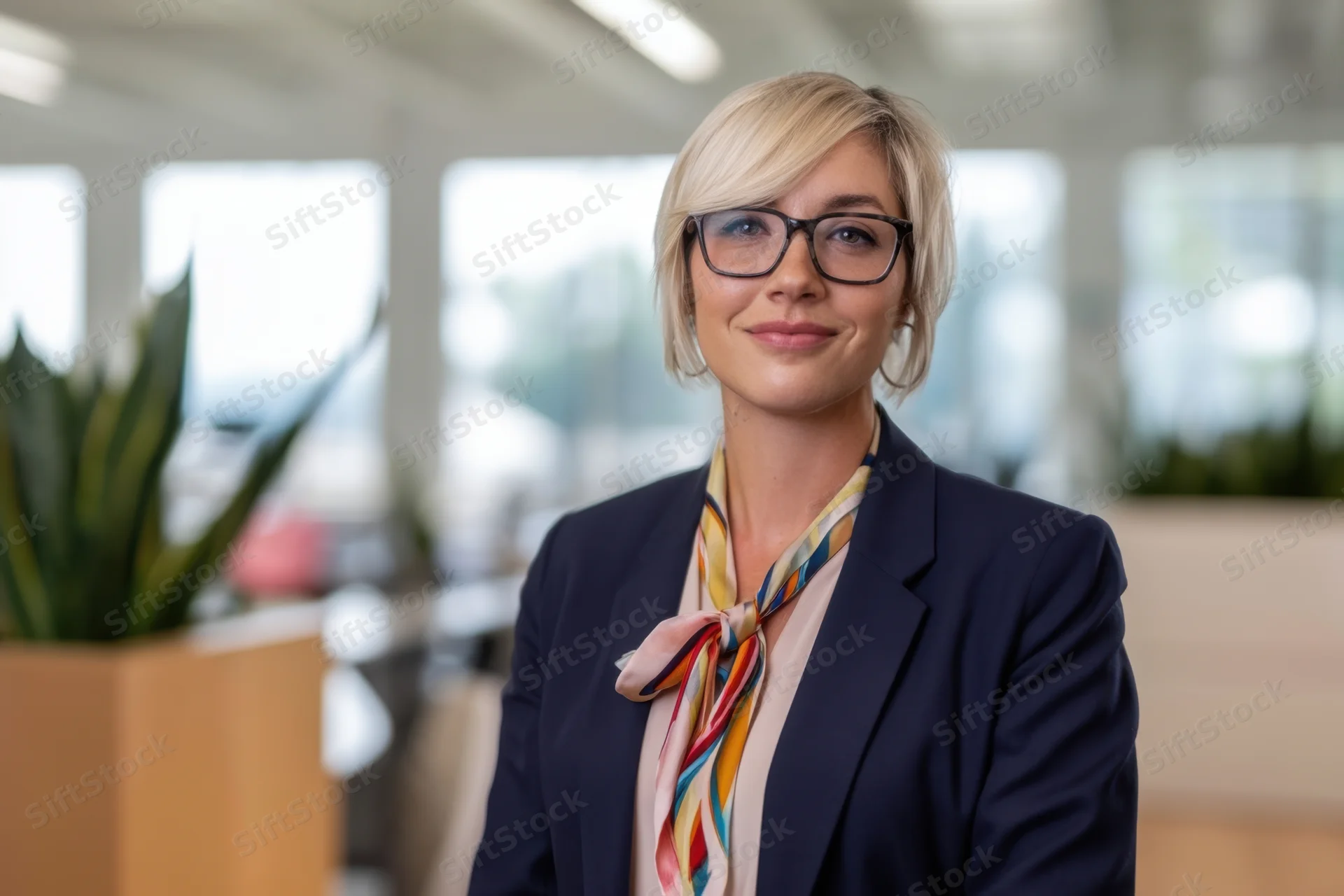 Woman in navy blazer and colorful scarf smiling in office interior