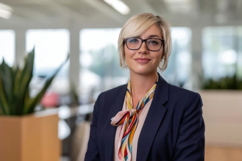 Woman in navy blazer and colorful scarf smiling in office interior