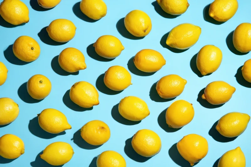 Bright yellow lemons arranged in a repeating pattern on a blue background