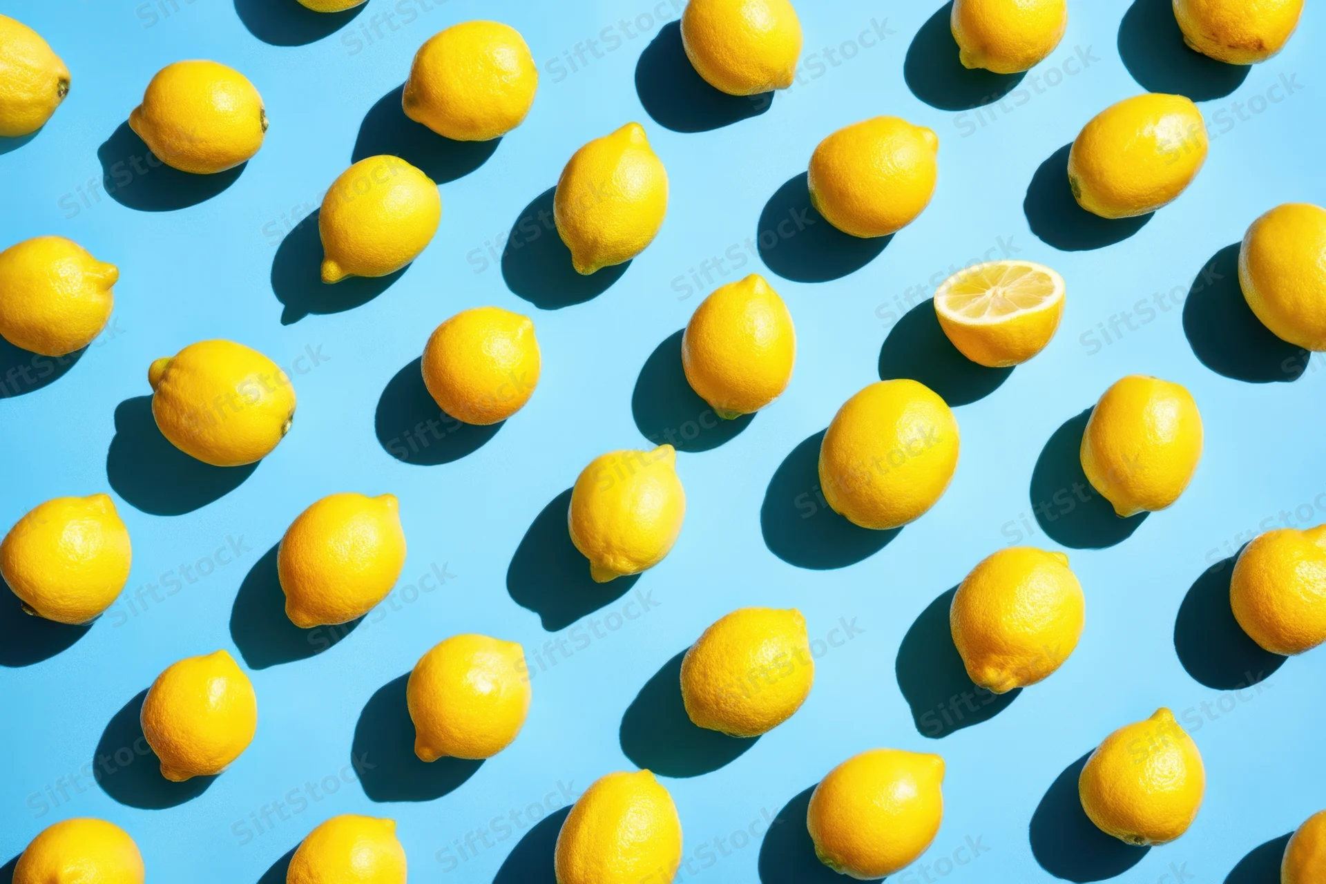 Bright yellow lemons arranged in a repeating pattern on a blue background