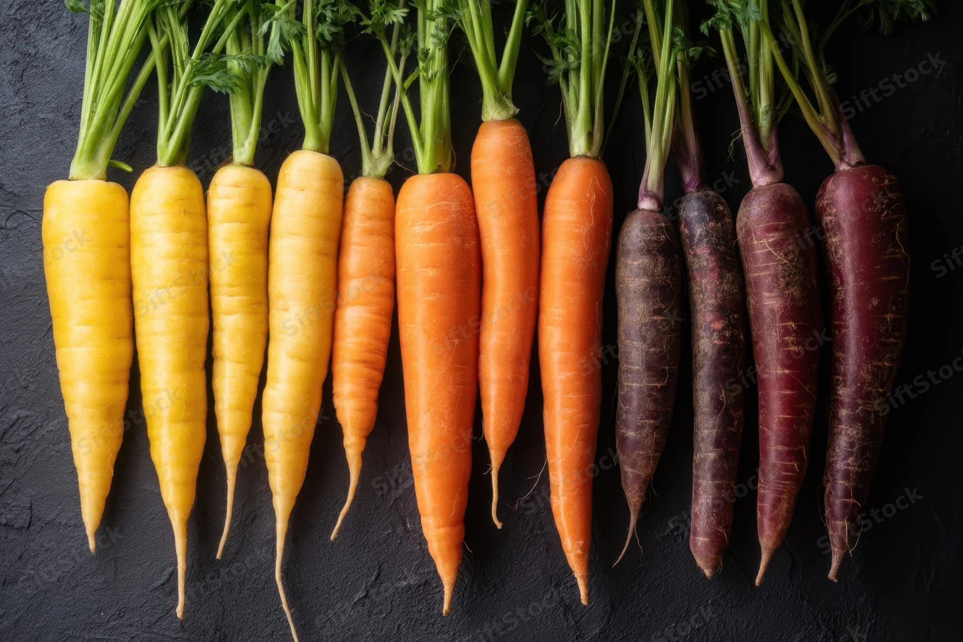 Row of colorful carrots in yellow orange and purple tones arranged on dark textured surface