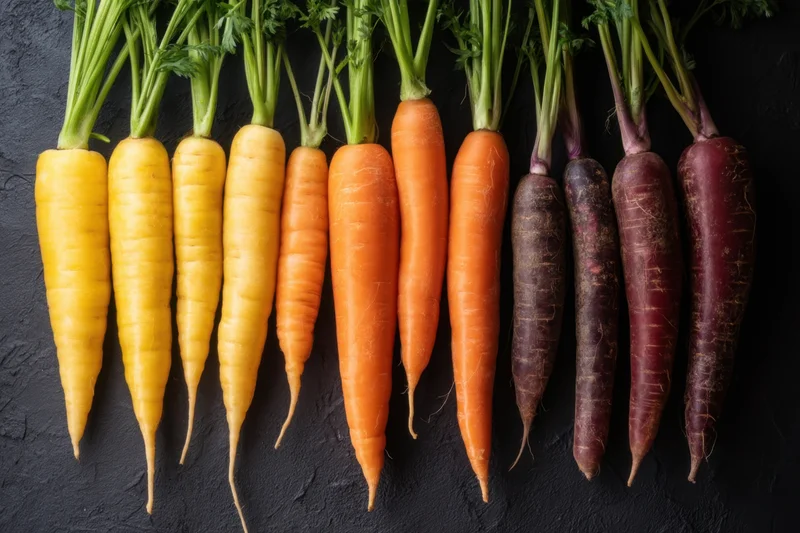 Row of colorful carrots in yellow orange and purple tones arranged on dark textured surface