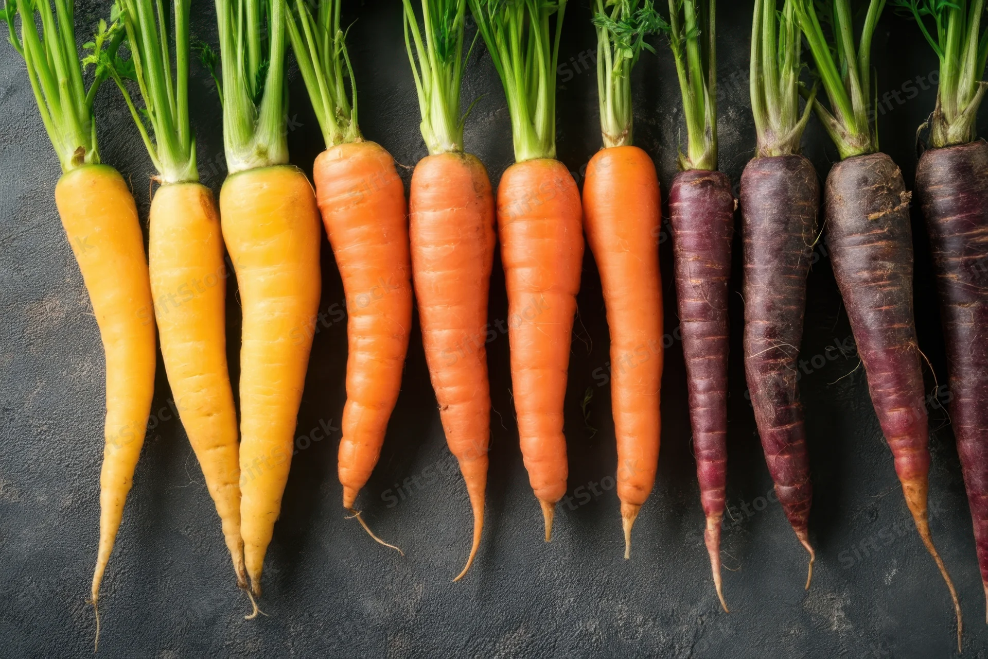 Row of colorful carrots arranged in a line on dark stone surface