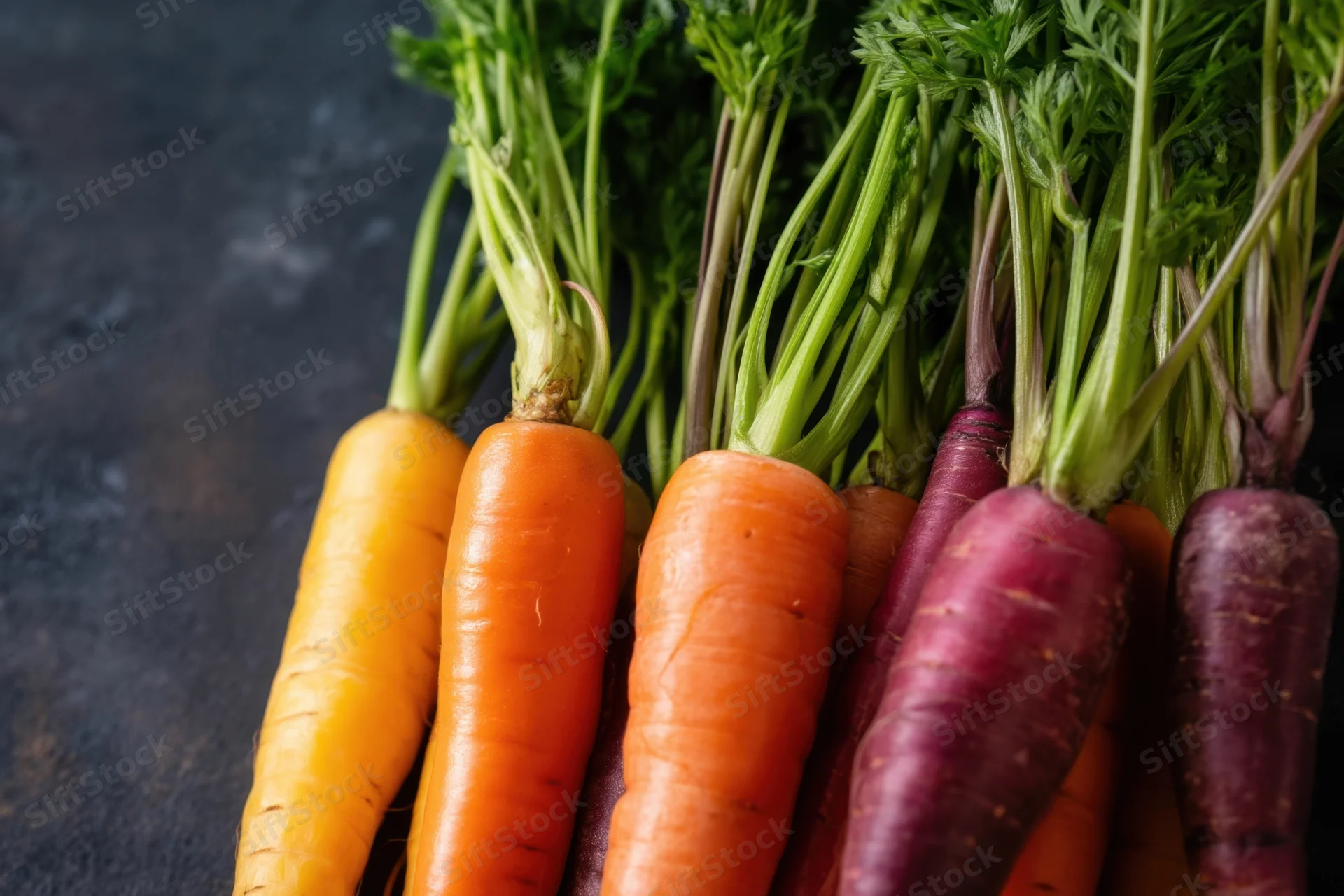 Colorful carrots with green tops arranged in a row on a dark surface