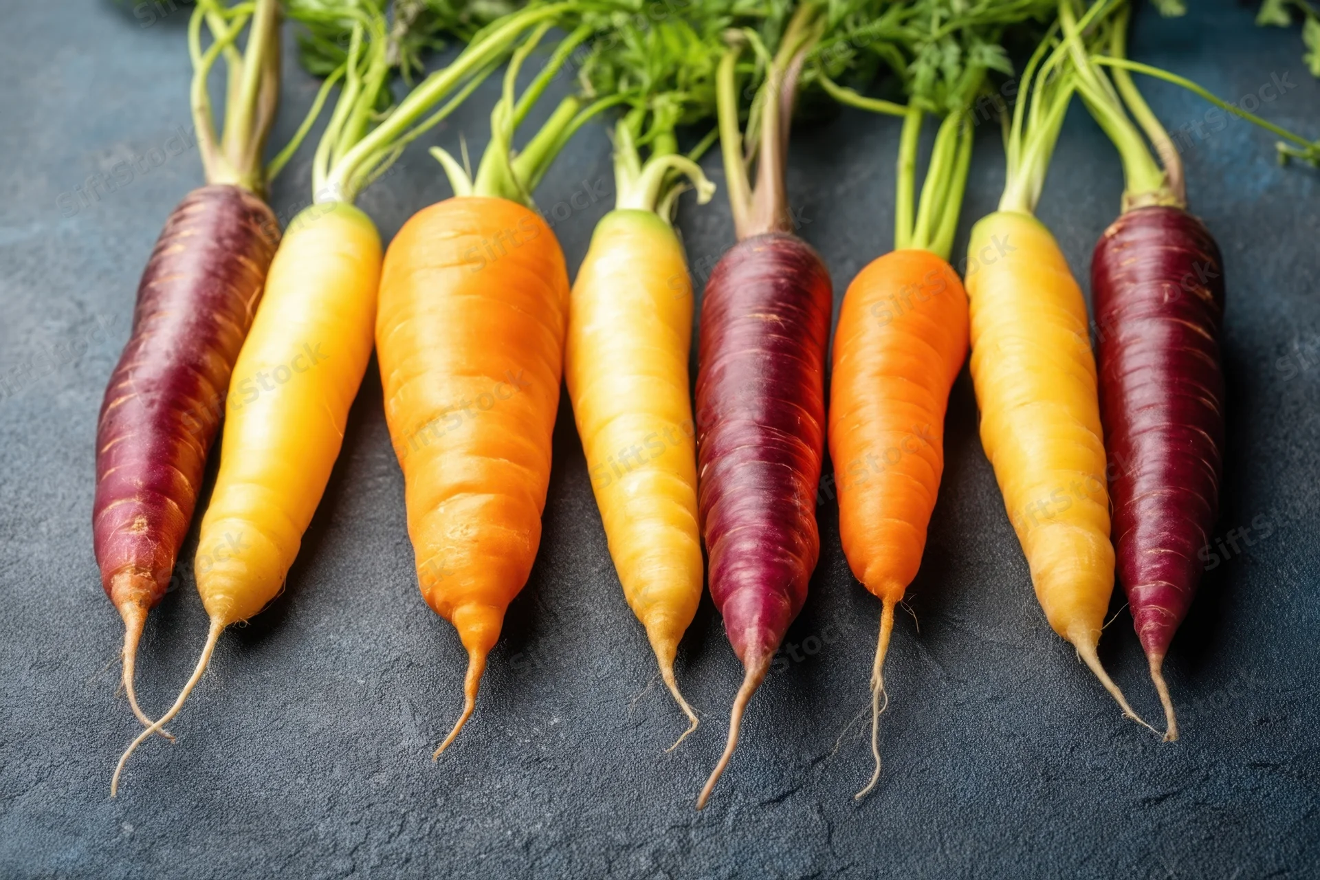 Row of colorful carrots with green tops arranged on dark textured surface