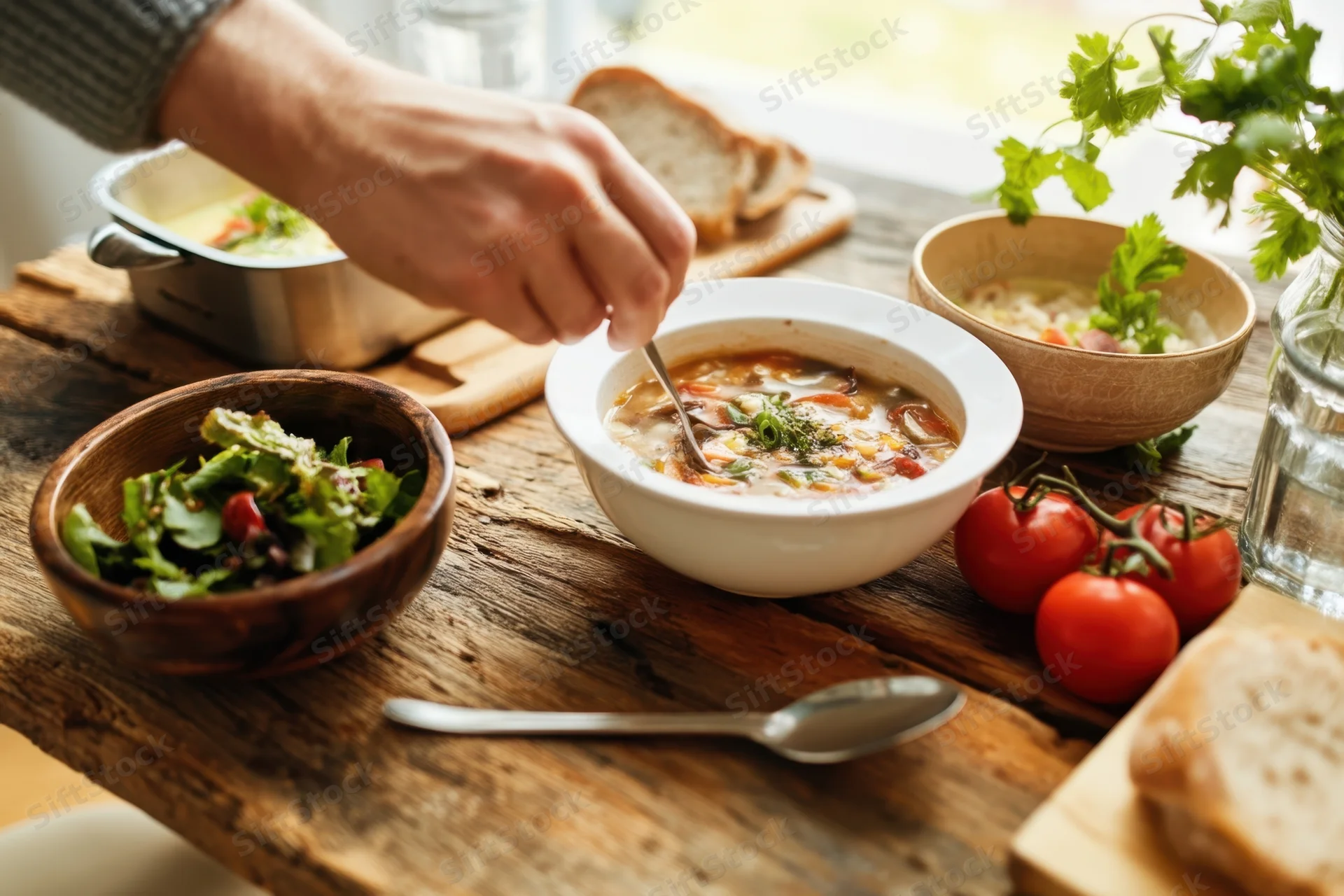 Hand stirring soup in a white bowl on a rustic wooden table with salad, tomatoes, bread and herbs nearby