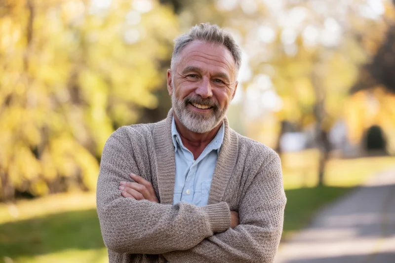 Smiling senior man with arms crossed standing in a park during autumn