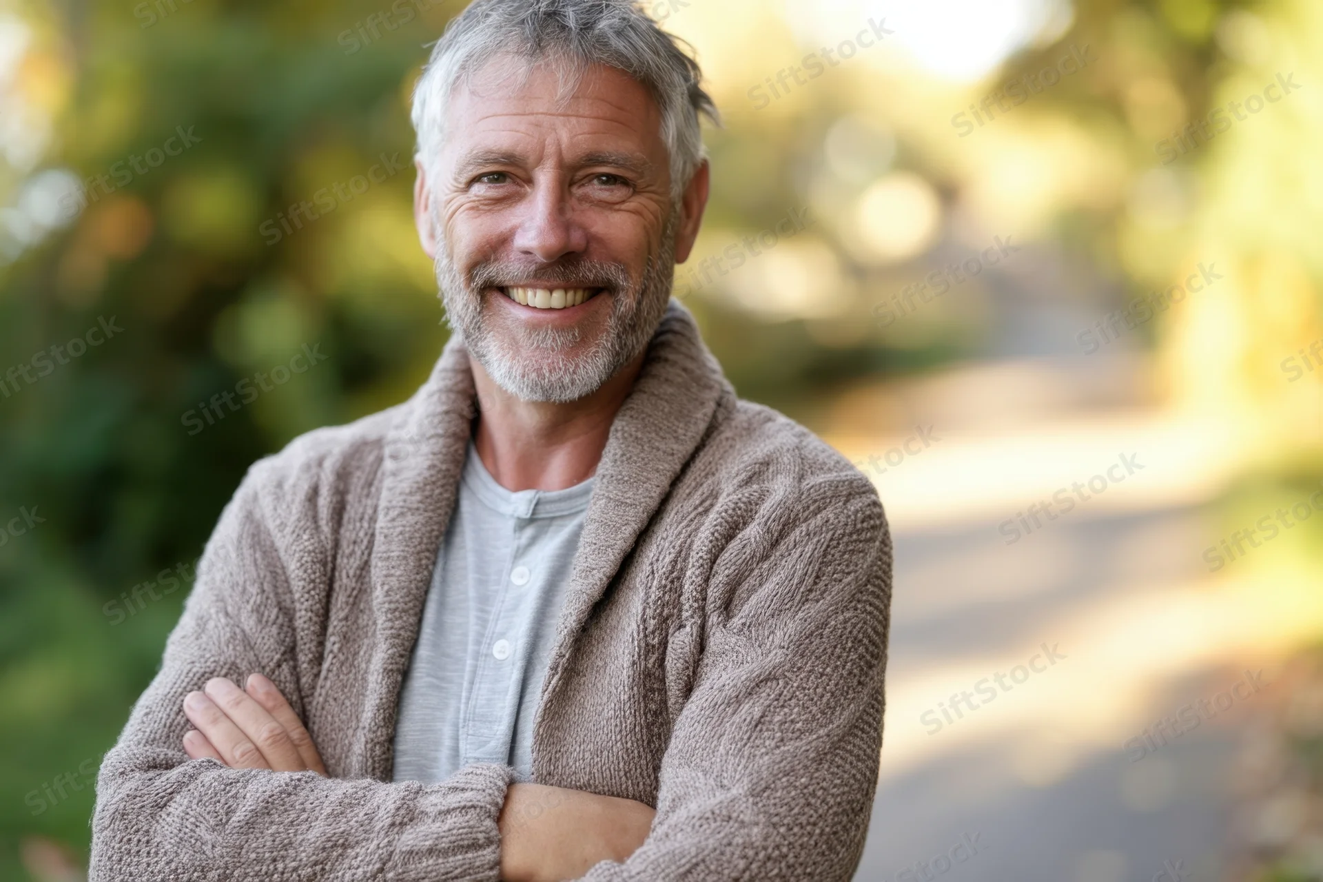 Smiling senior man with arms crossed standing on a park path surrounded by trees and sunlight