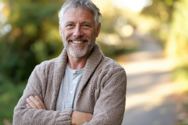 Smiling senior man with arms crossed standing on a park path surrounded by trees and sunlight