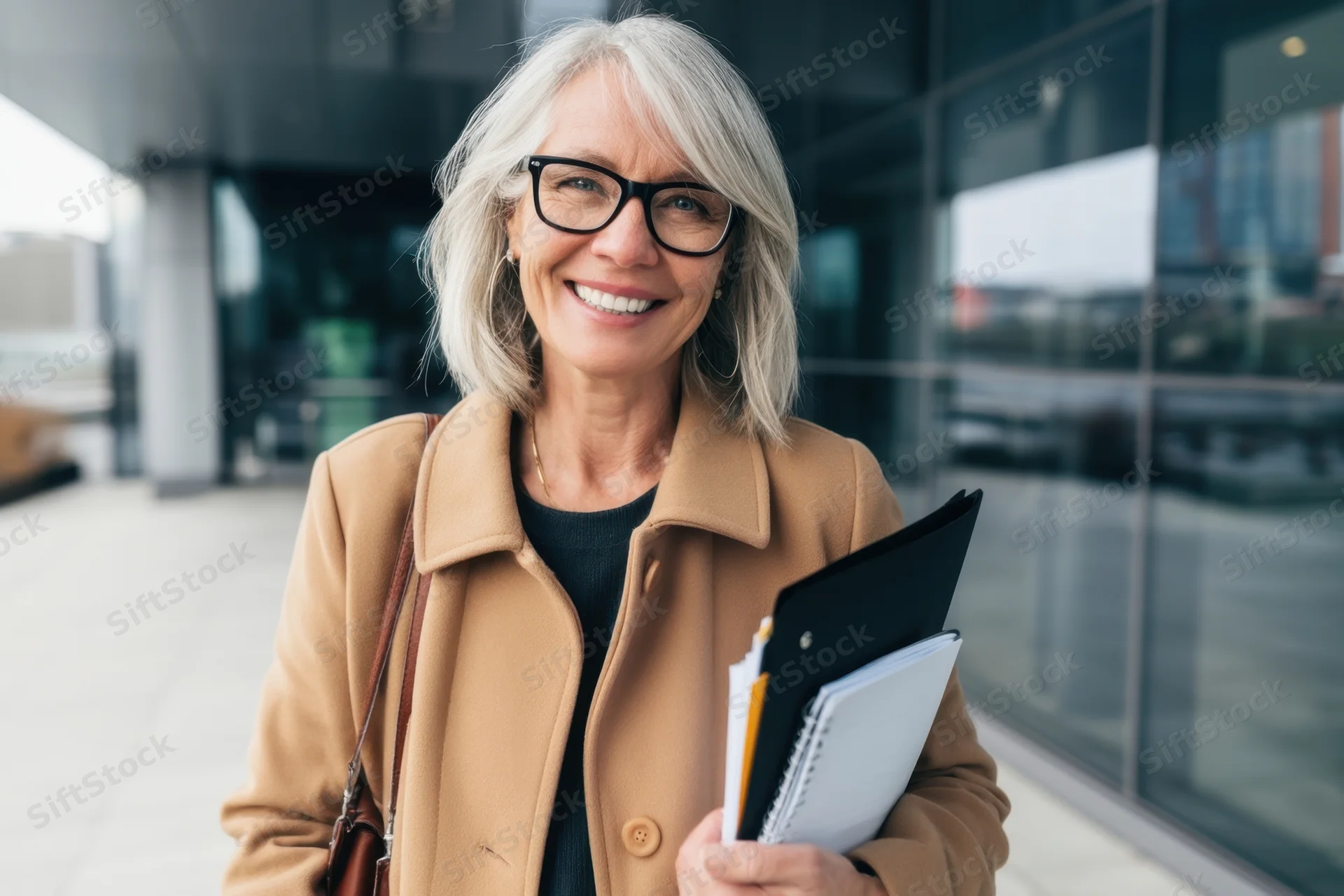 Senior woman in beige coat smiling while holding notebooks and folder outside modern office building