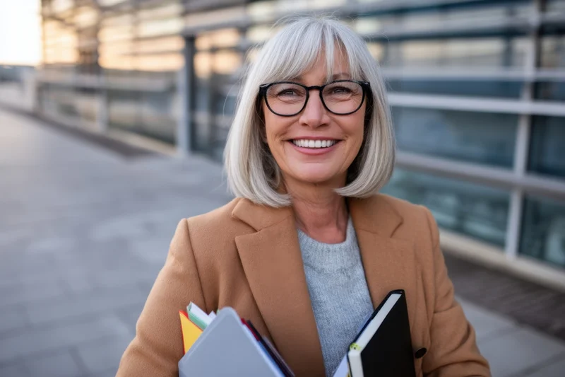 Senior woman with silver hair and black-rimmed glasses smiling while holding notebooks and folders outdoors near a modern building