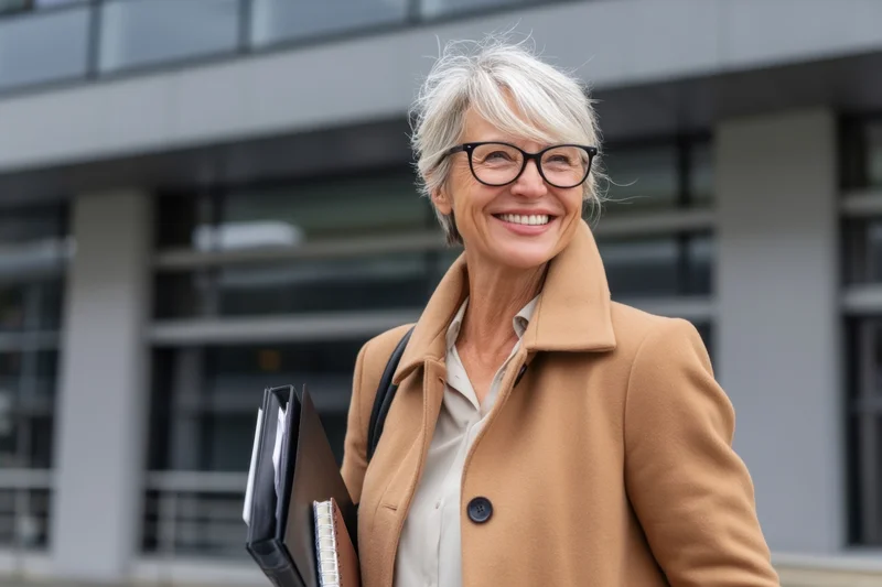 Senior woman in camel coat smiling while holding binders outside modern office building