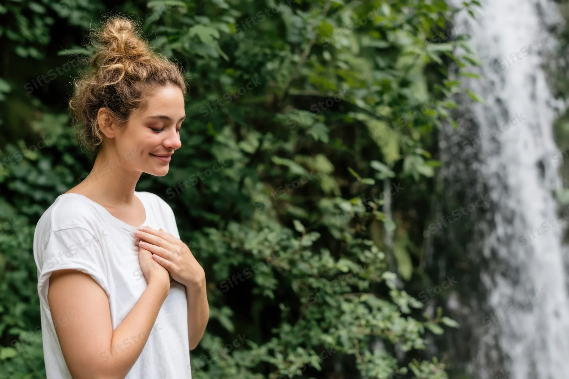 Young woman with hands on chest smiling softly near waterfall in lush green forest