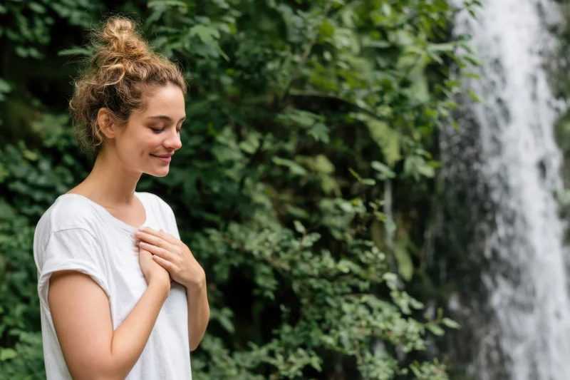 Young woman with hands on chest smiling softly near waterfall in lush green forest