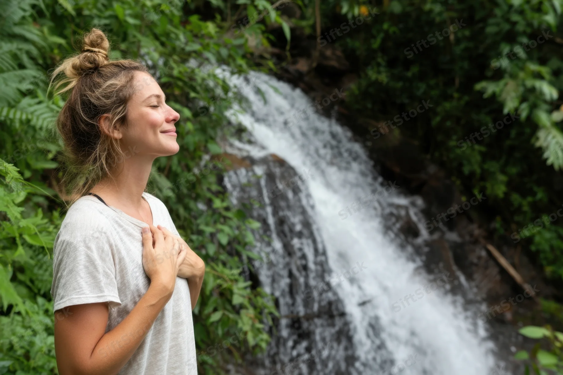 Young woman with eyes closed and hands on chest standing near a waterfall in a lush green forest