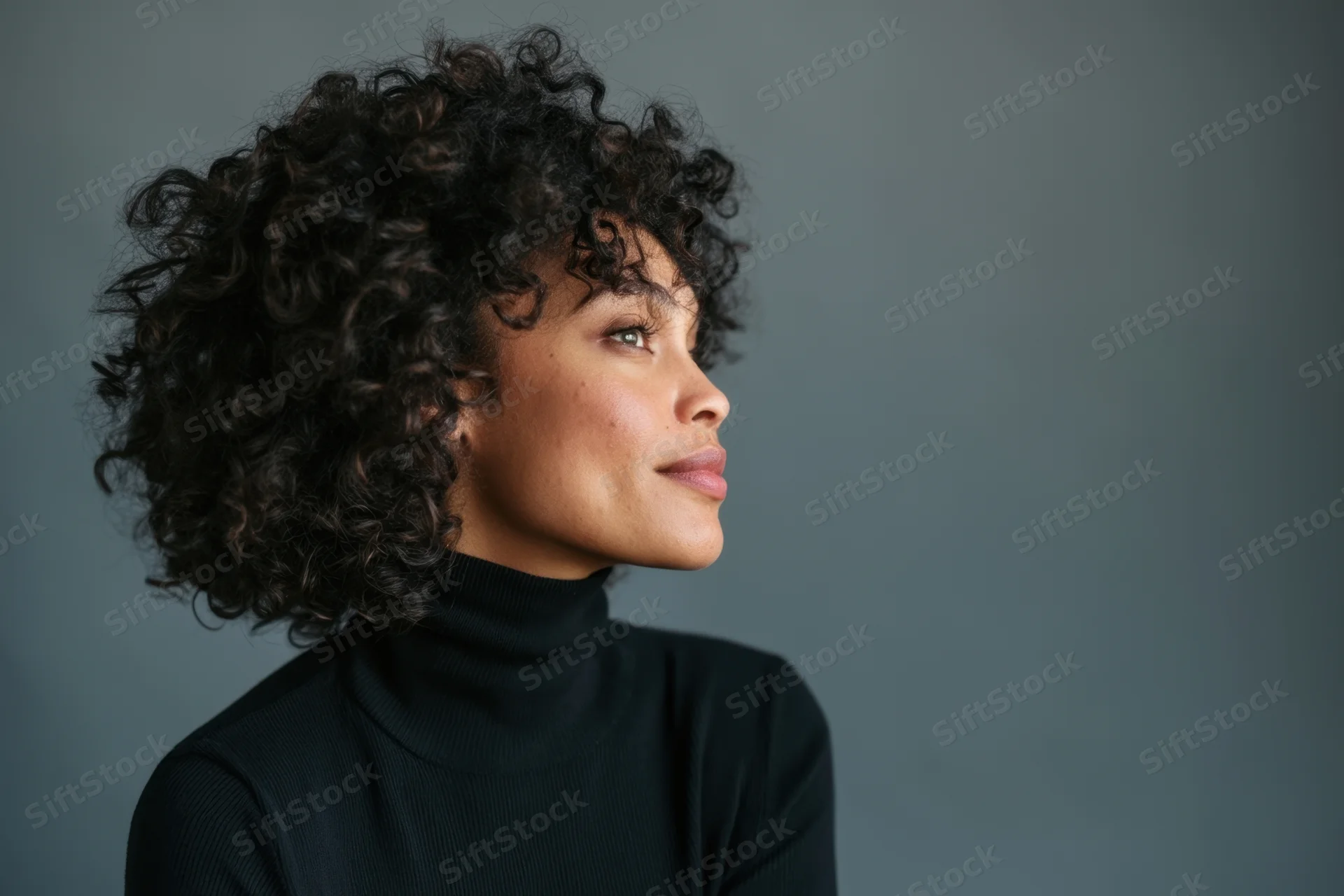 Woman with natural curly hair in profile wearing black turtleneck against gray background