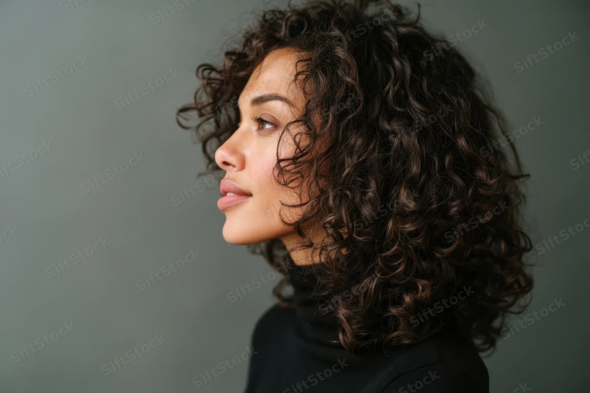 Side-profile portrait of a woman with natural curly hair wearing a black turtleneck against a gray background
