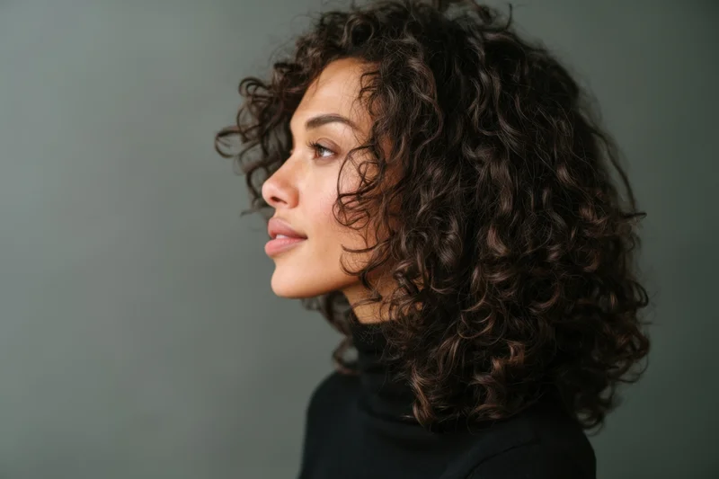 Side-profile portrait of a woman with natural curly hair wearing a black turtleneck against a gray background