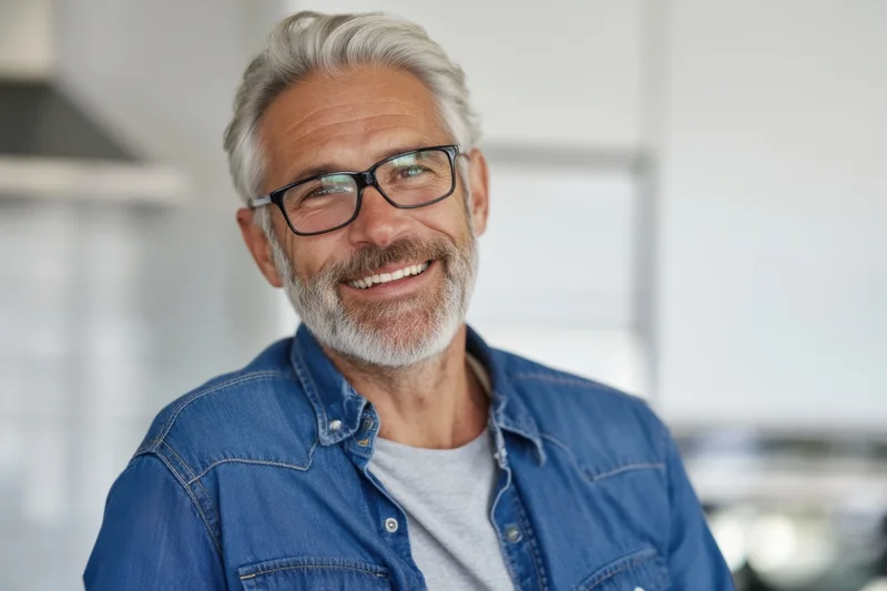 Smiling senior man with grey hair and glasses wearing a blue denim shirt in a bright kitchen interior