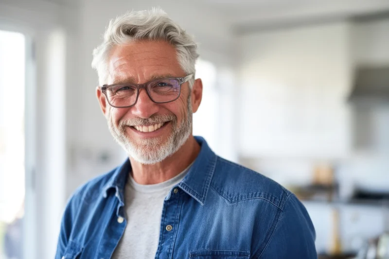 Smiling senior man with gray hair and glasses wearing a blue denim shirt indoors