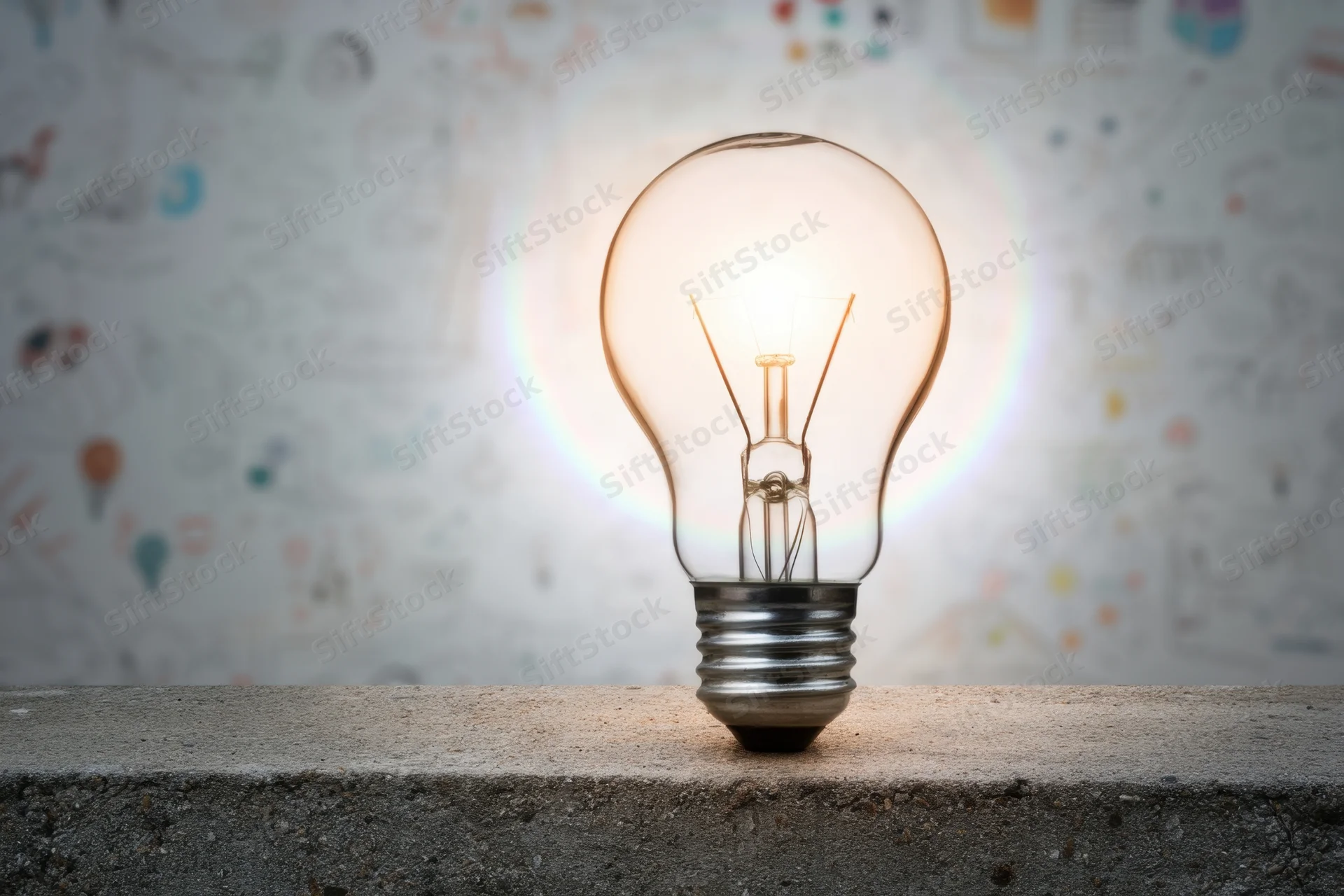 Glowing lightbulb resting on rough concrete surface with sketched ideas in background
