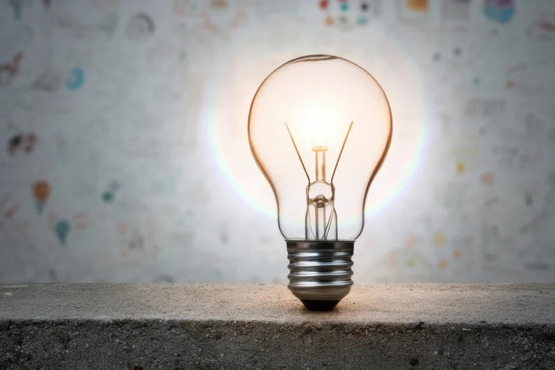 Glowing lightbulb resting on rough concrete surface with sketched ideas in background