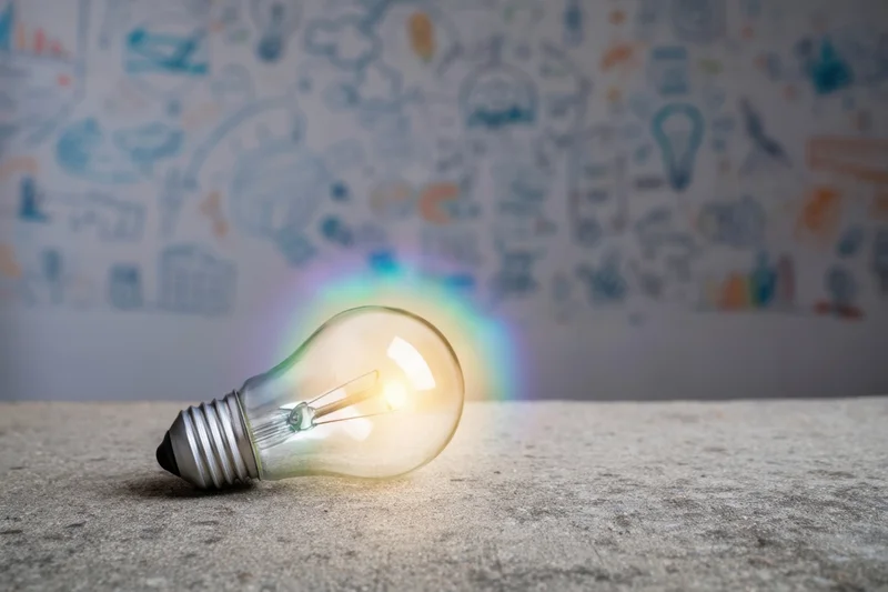 Glowing lightbulb resting on rough concrete surface with sketched ideas in background