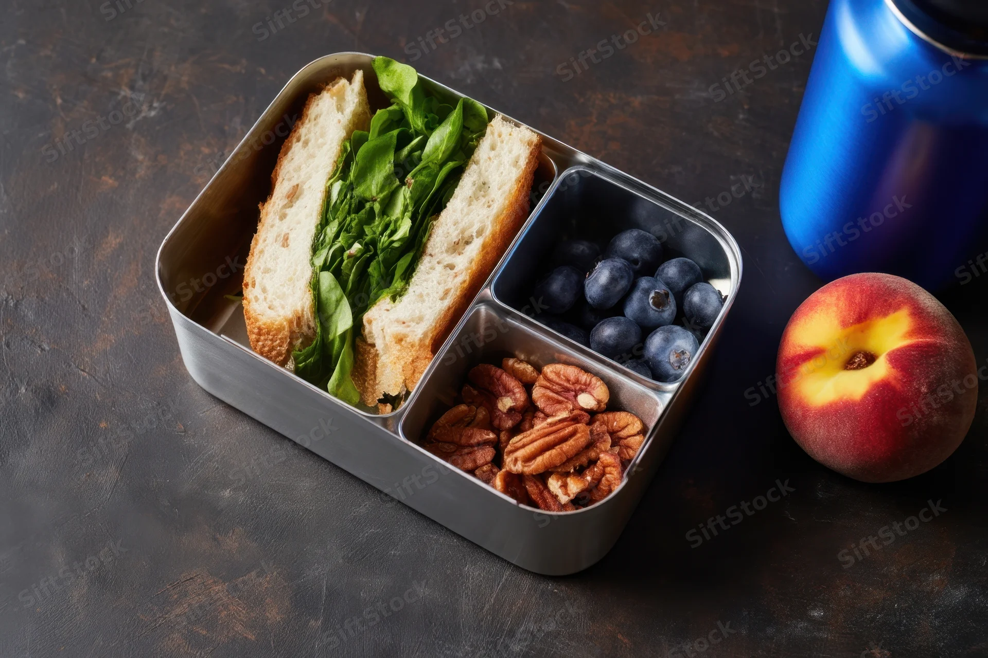Metal lunchbox with sandwich, blueberries, pecans and peach beside a water bottle on dark surface