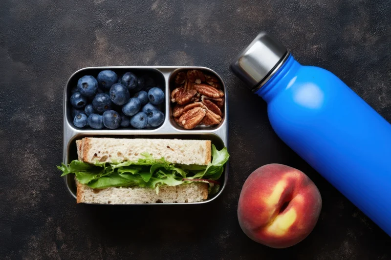 Metal lunchbox with sandwich, blueberries, pecans and peach beside a blue water bottle on dark surface