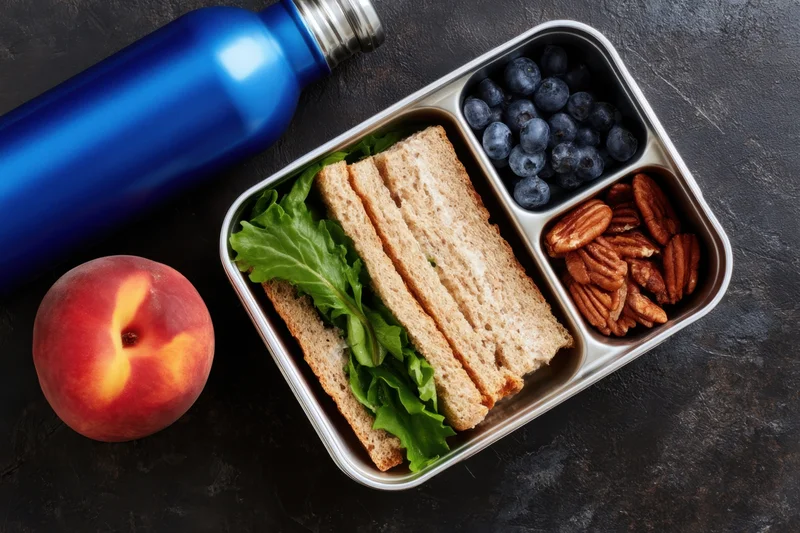 Metal lunchbox with sandwich, blueberries, pecans and peach beside a blue water bottle on dark surface