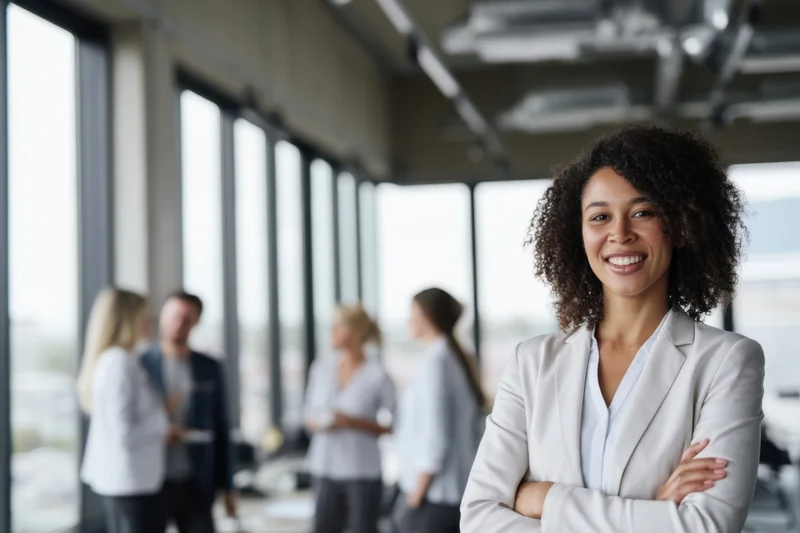 Smiling businesswoman in white blazer with arms crossed in modern office with colleagues in background