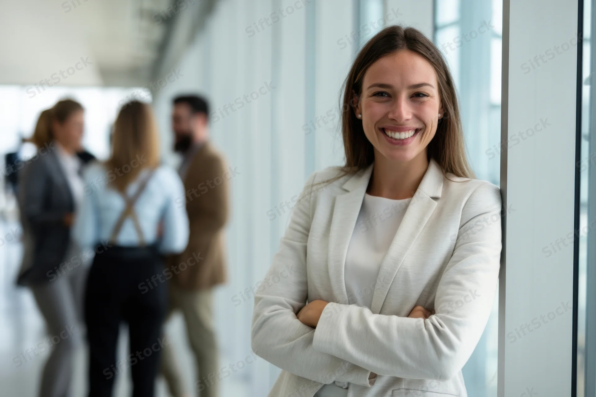 Smiling businesswoman in white blazer with arms crossed leaning against wall in office hallway
