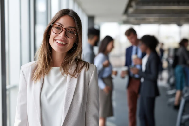 Smiling businesswoman in light blazer standing in office hallway with colleagues in background