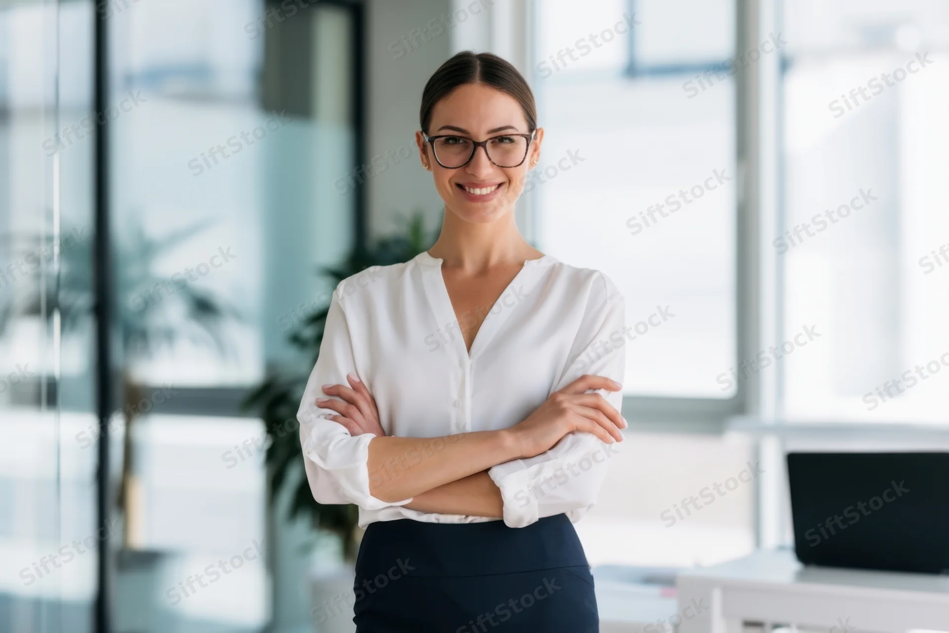 Smiling businesswoman with arms crossed in modern office interior