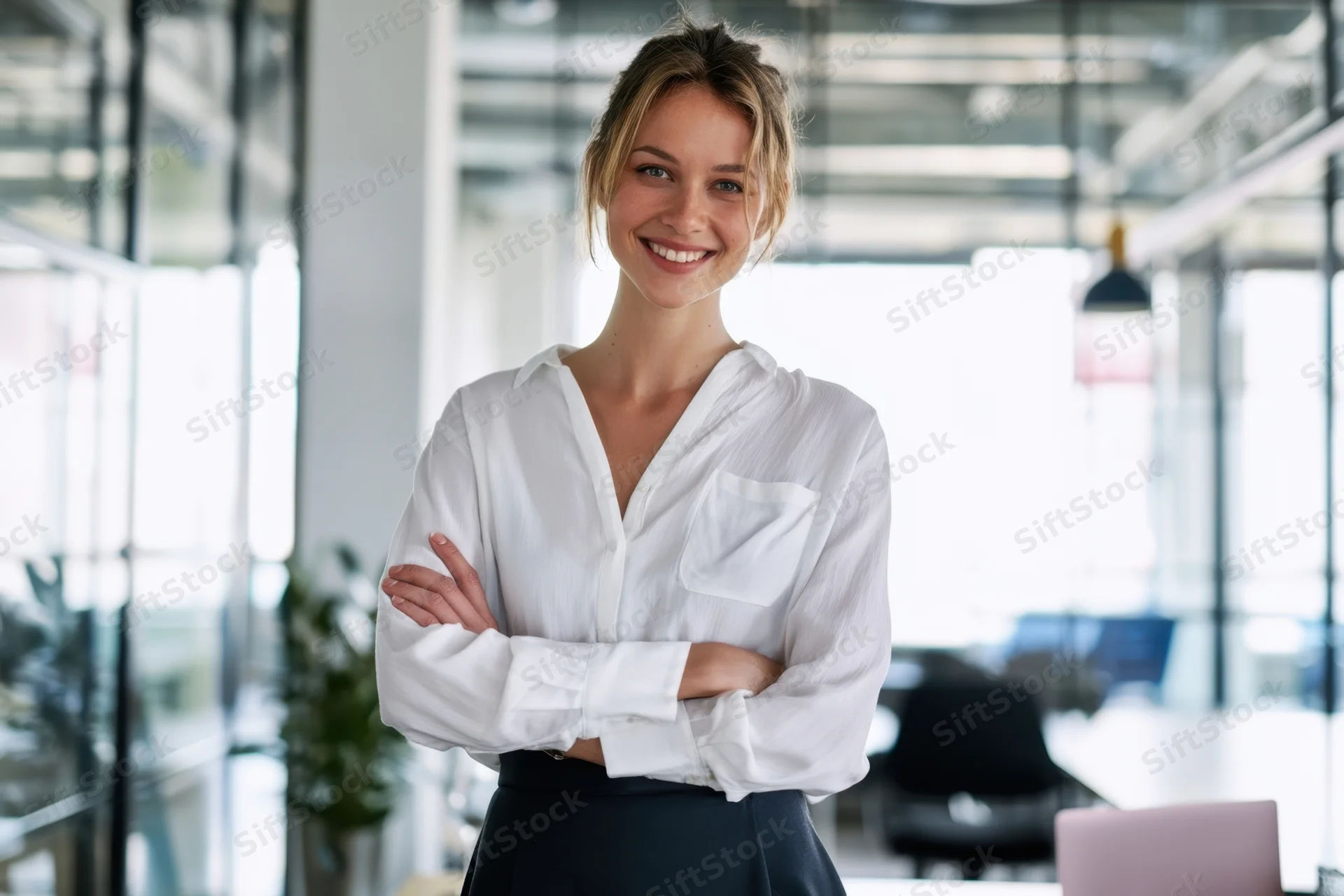 Smiling businesswoman with arms crossed in modern office interior