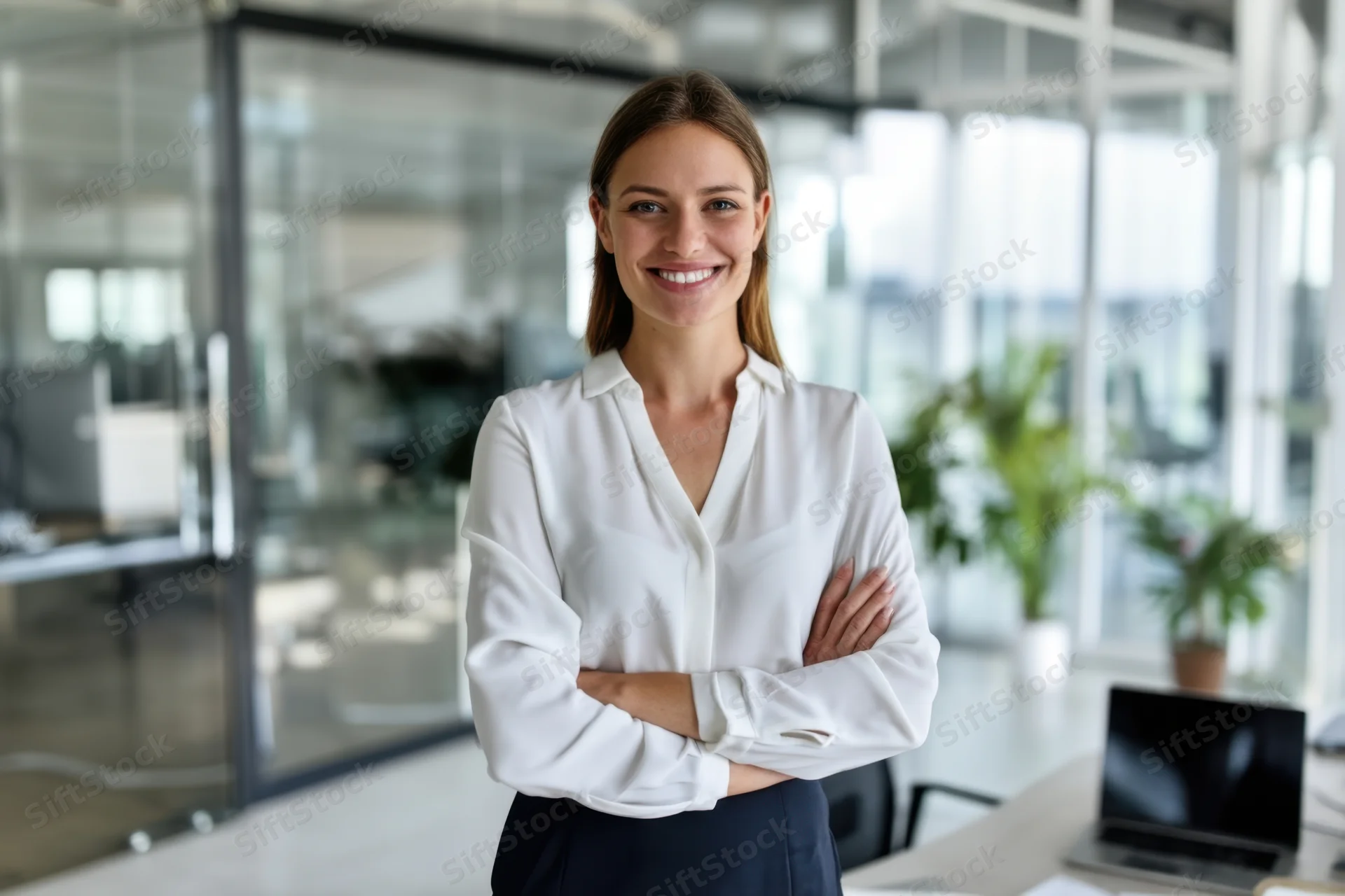 Smiling businesswoman with arms crossed standing in modern office interior