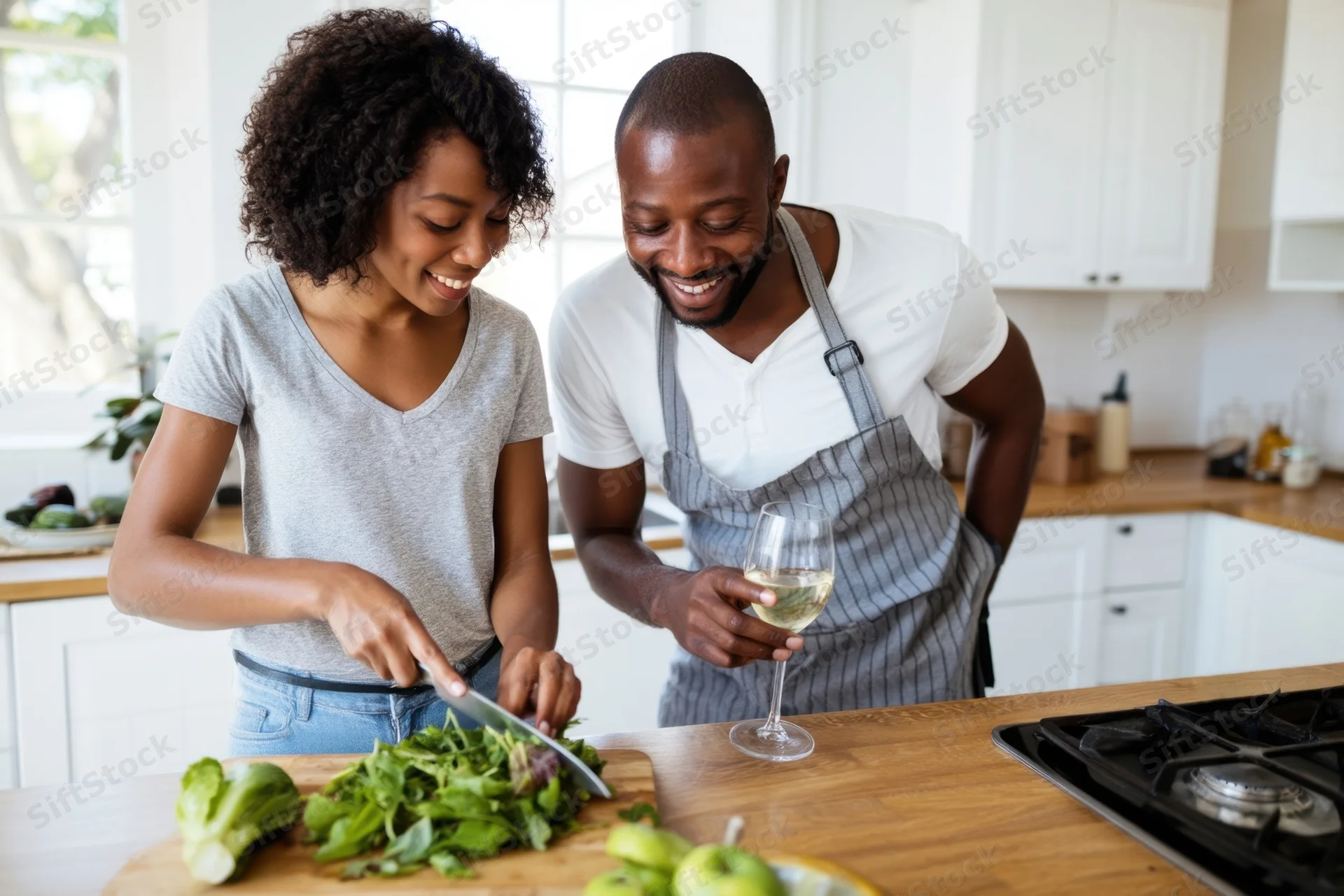 Smiling couple cooking together in bright kitchen with woman chopping vegetables and man holding wine glass