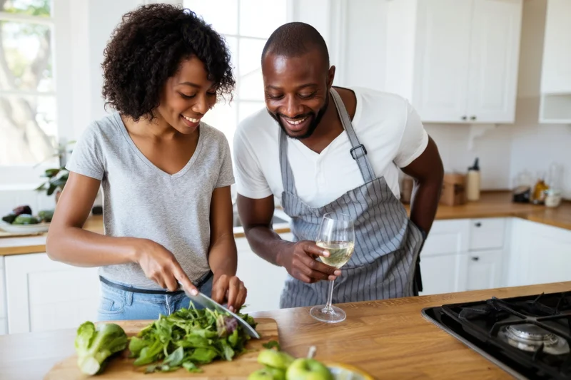 Smiling couple cooking together in bright kitchen with woman chopping vegetables and man holding wine glass