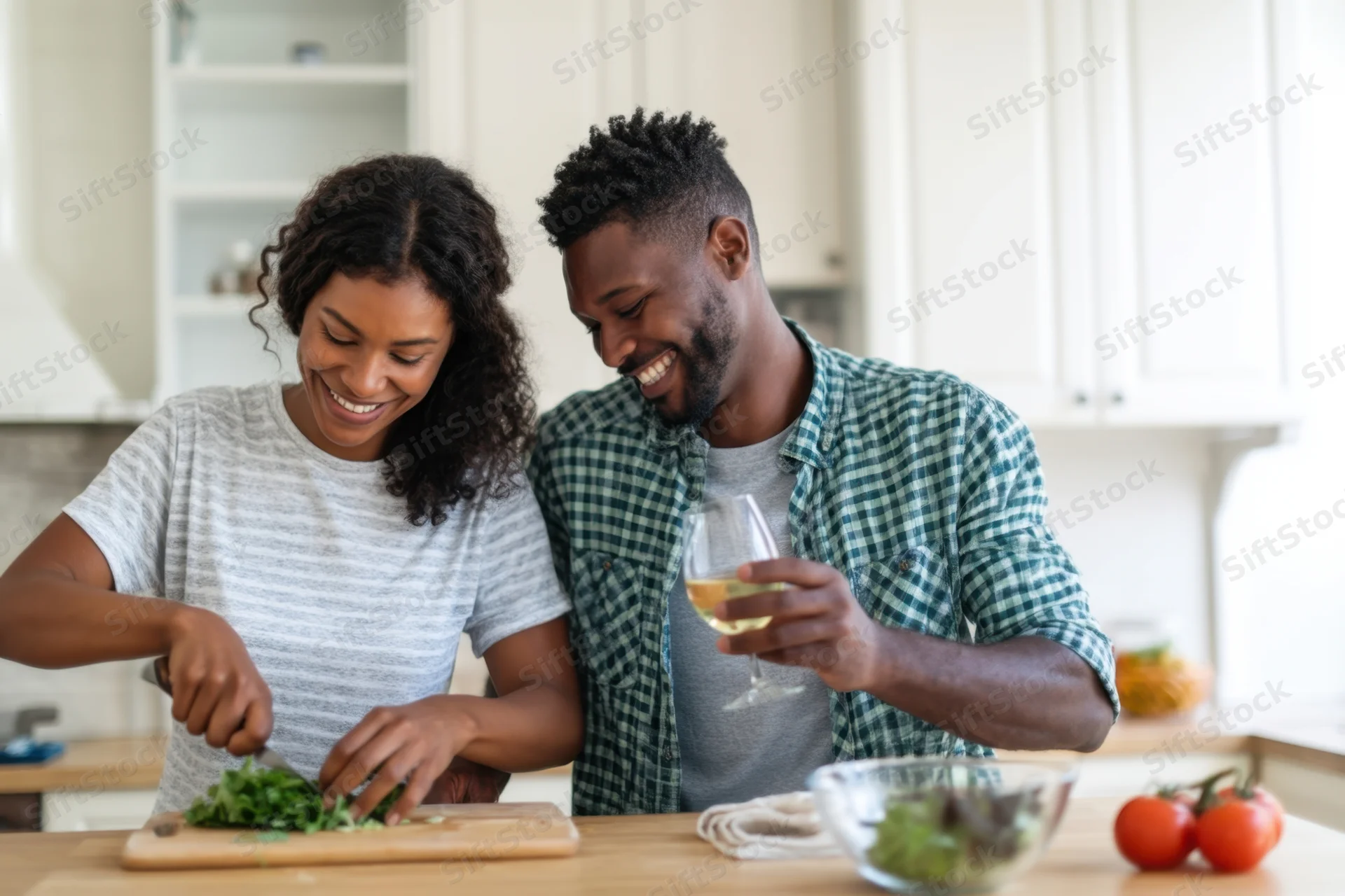 Smiling couple cooking together in a bright kitchen with vegetables and wine