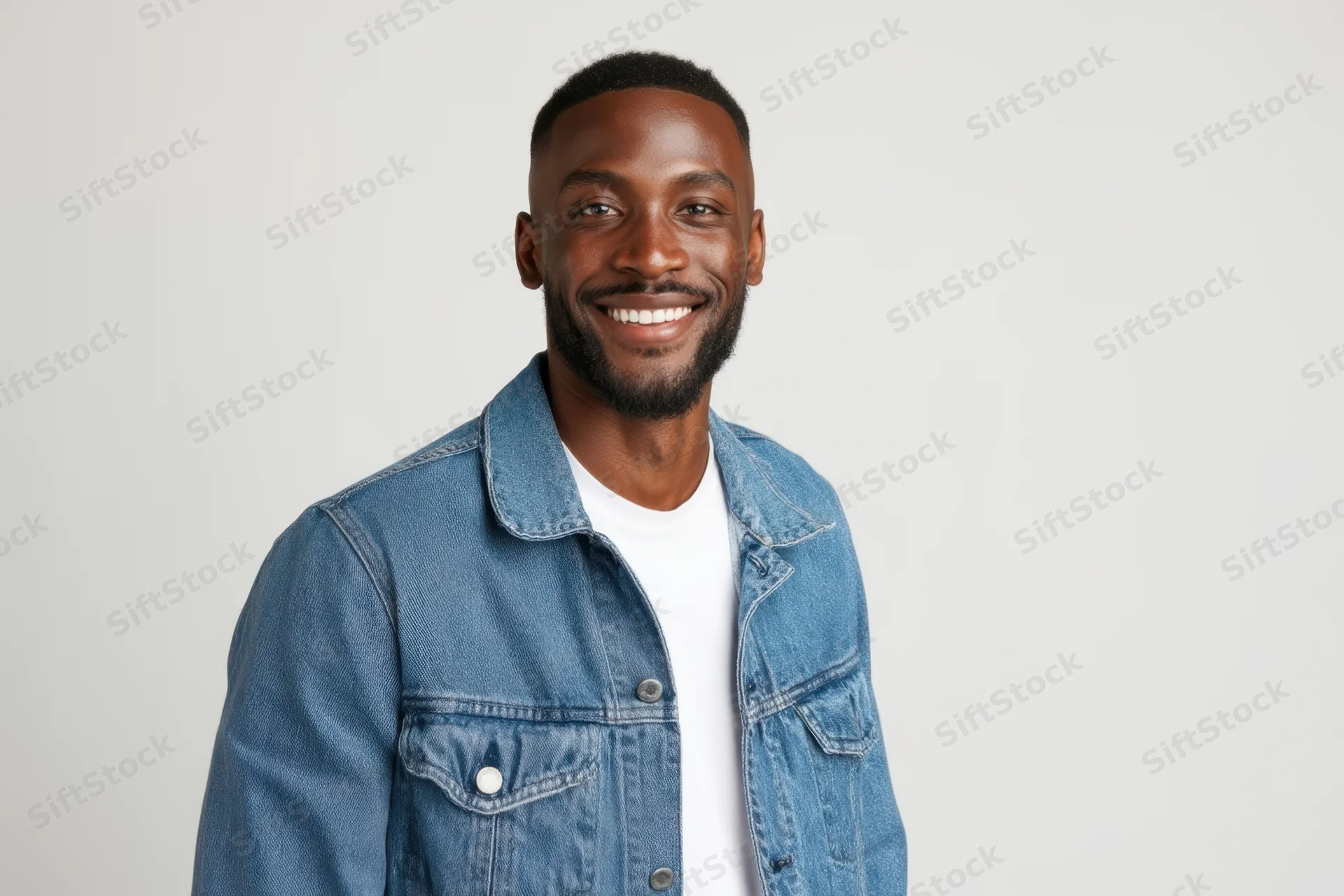Smiling man in denim jacket and white t-shirt standing in studio with copyspace