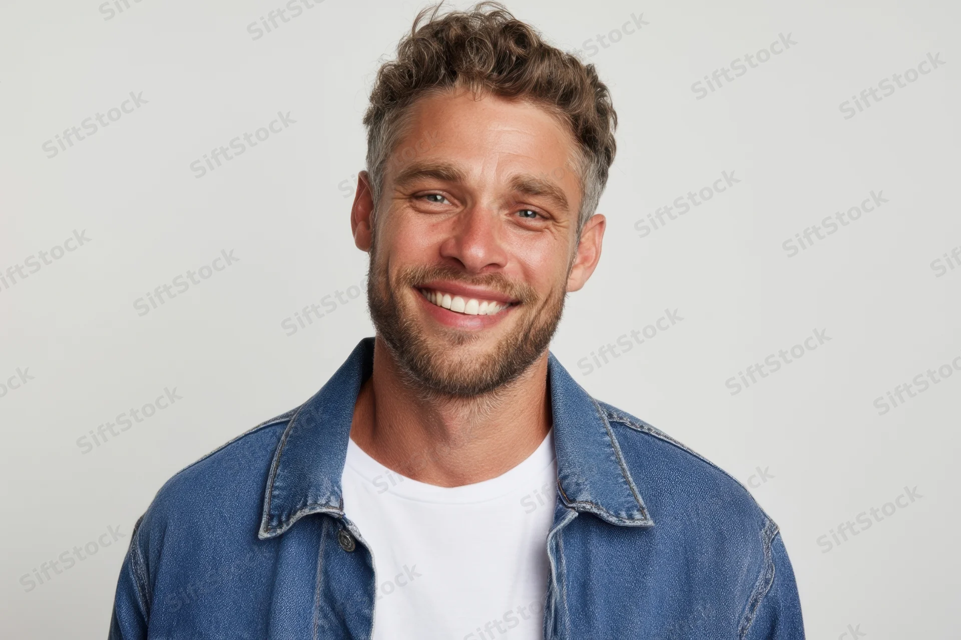 Smiling man in denim jacket over white t-shirt standing in studio with light background