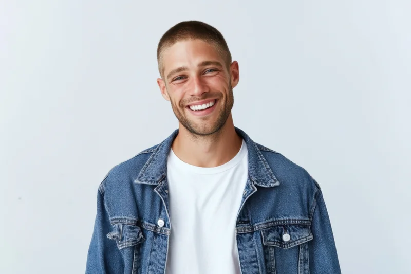 Smiling man in denim jacket over white t-shirt standing in studio